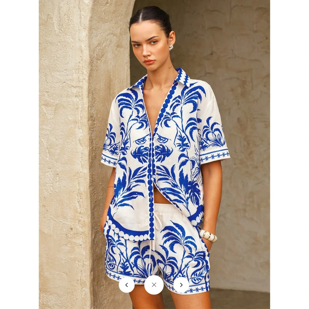 NWT Commense Palm Tree Print Shirt & Drawstring Shorts Set Sz L